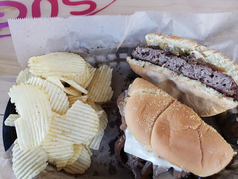 Sugar Burger Grilled Onions Peppers Swiss & Chips